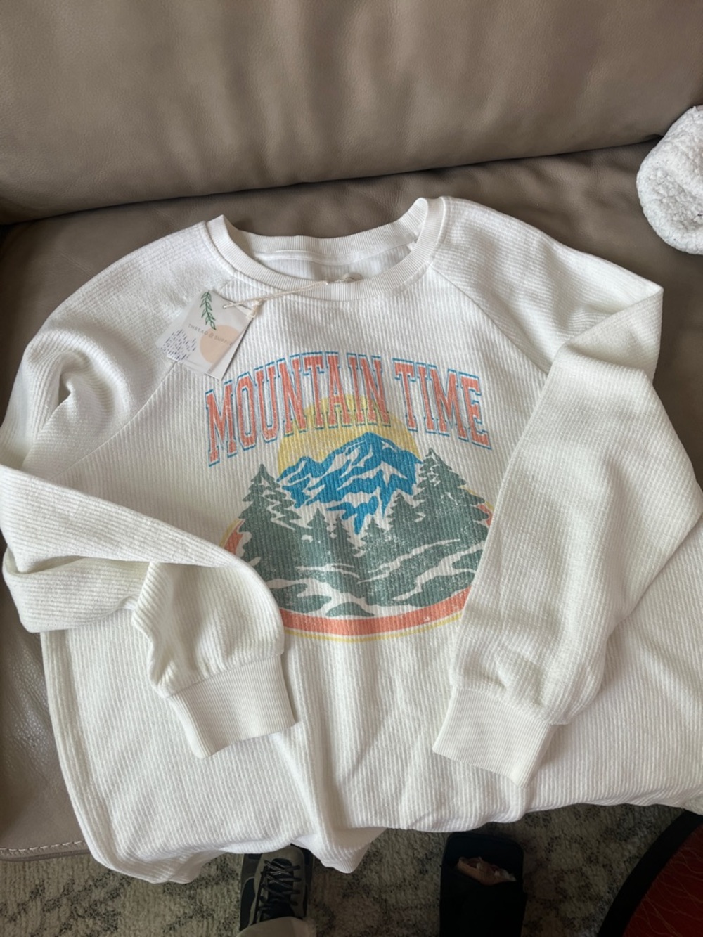 Thread & Supply White Sweatshirt with Blue and Peach Graphic